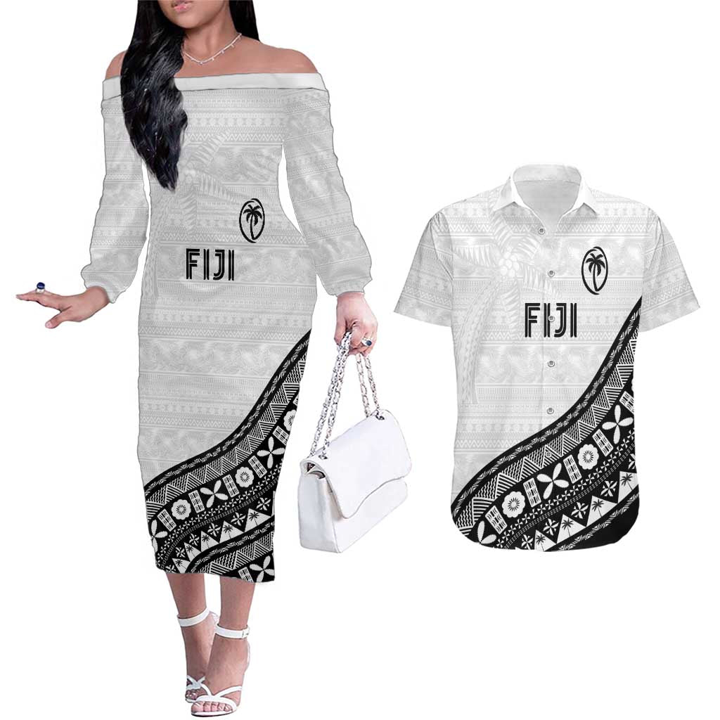 Custom Fijian Rugby Couples Matching Off The Shoulder Long Sleeve Dress and Hawaiian Shirt Tapa Pattern and Palm Tree Tribal