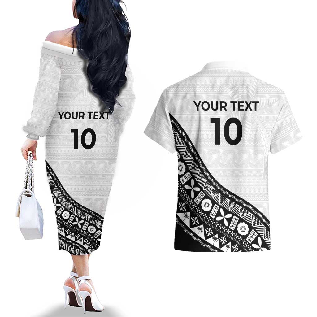 Custom Fijian Rugby Couples Matching Off The Shoulder Long Sleeve Dress and Hawaiian Shirt Tapa Pattern and Palm Tree Tribal LT03 - Polynesian Pride