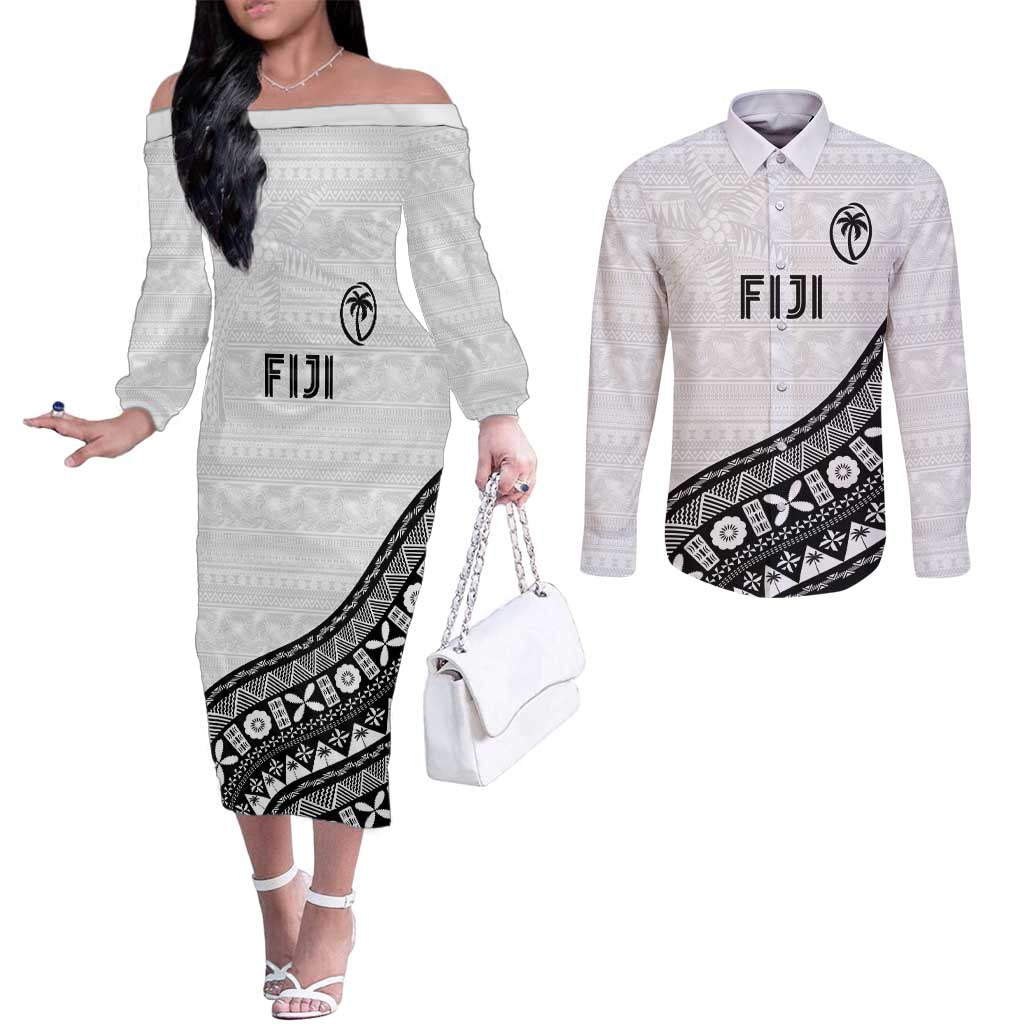 Custom Fijian Rugby Couples Matching Off The Shoulder Long Sleeve Dress and Long Sleeve Button Shirt Tapa Pattern and Palm Tree Tribal