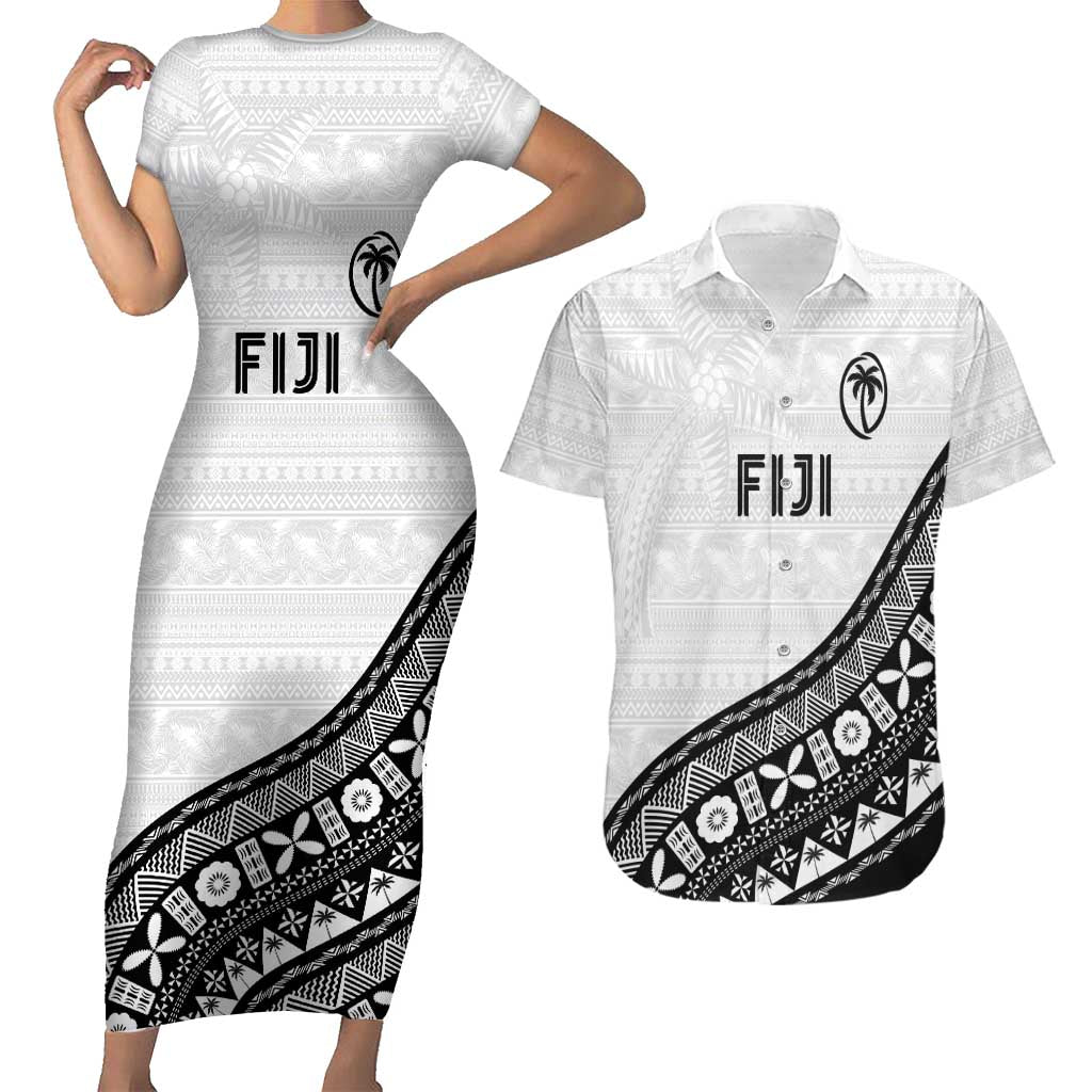 Custom Fijian Rugby Couples Matching Short Sleeve Bodycon Dress and Hawaiian Shirt Tapa Pattern and Palm Tree Tribal