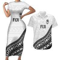 Custom Fijian Rugby Couples Matching Short Sleeve Bodycon Dress and Hawaiian Shirt Tapa Pattern and Palm Tree Tribal LT03 White - Polynesian Pride