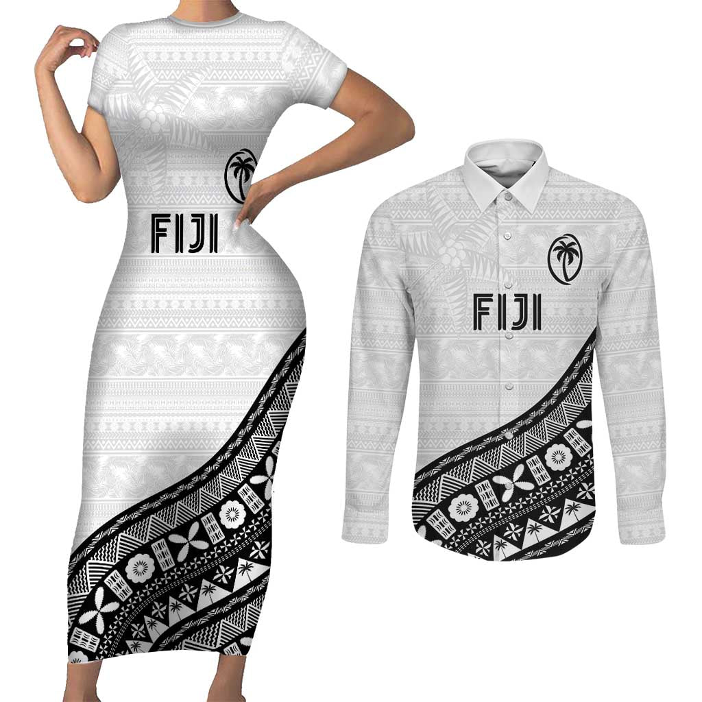 Custom Fijian Rugby Couples Matching Short Sleeve Bodycon Dress and Long Sleeve Button Shirt Tapa Pattern and Palm Tree Tribal