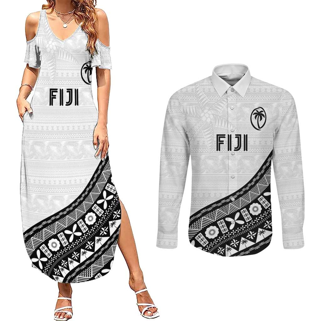 Custom Fijian Rugby Couples Matching Summer Maxi Dress and Long Sleeve Button Shirt Tapa Pattern and Palm Tree Tribal