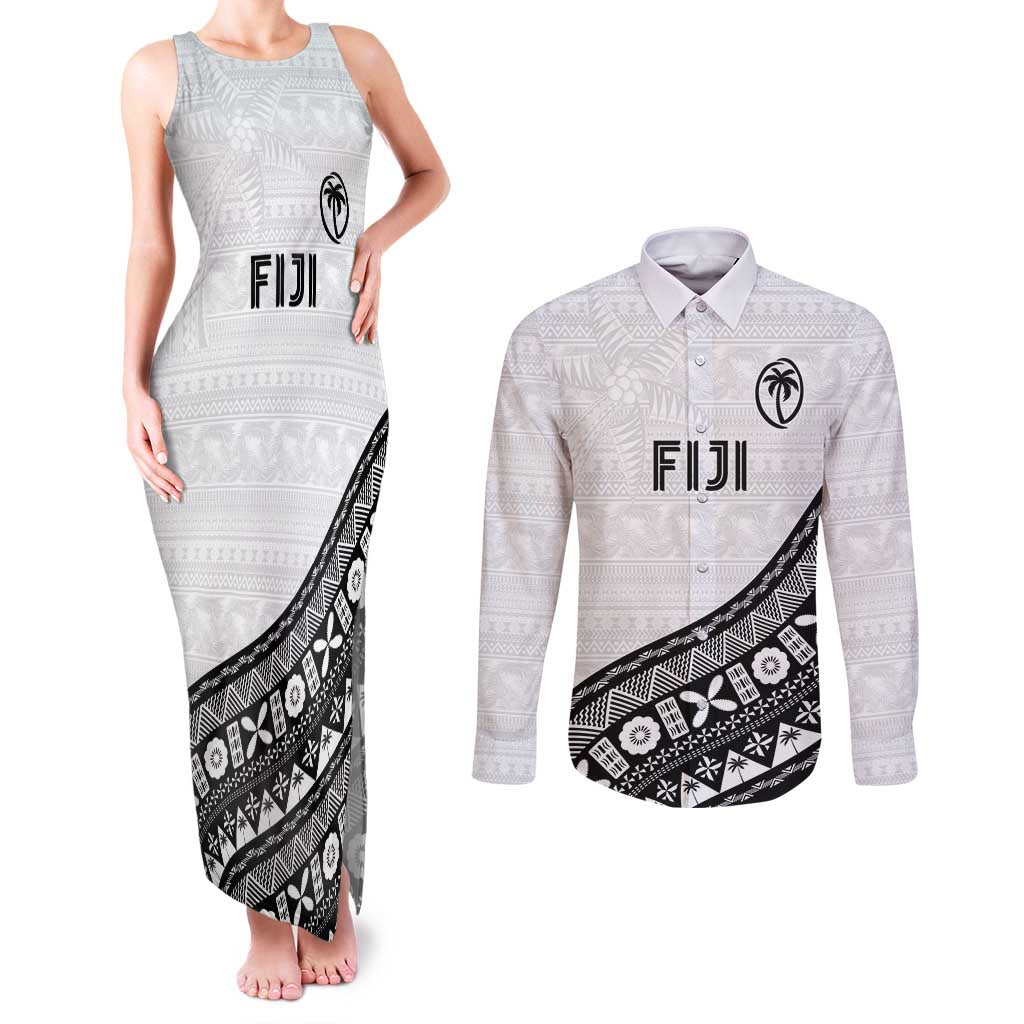 Custom Fijian Rugby Couples Matching Tank Maxi Dress and Long Sleeve Button Shirt Tapa Pattern and Palm Tree Tribal