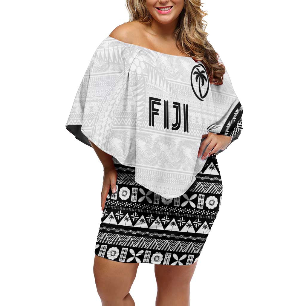 Custom Fijian Rugby Family Matching Off Shoulder Short Dress and Hawaiian Shirt Tapa Pattern and Palm Tree Tribal