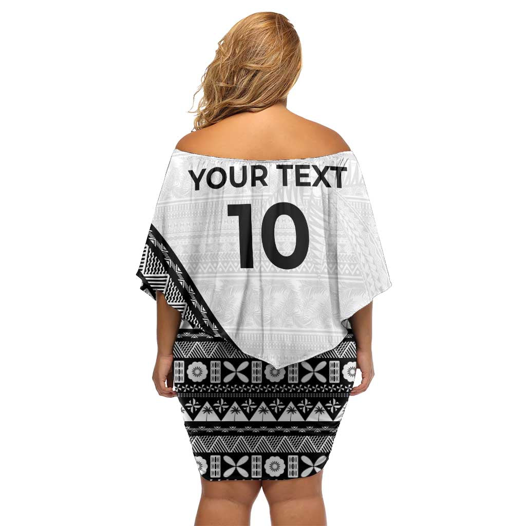 Custom Fijian Rugby Family Matching Off Shoulder Short Dress and Hawaiian Shirt Tapa Pattern and Palm Tree Tribal