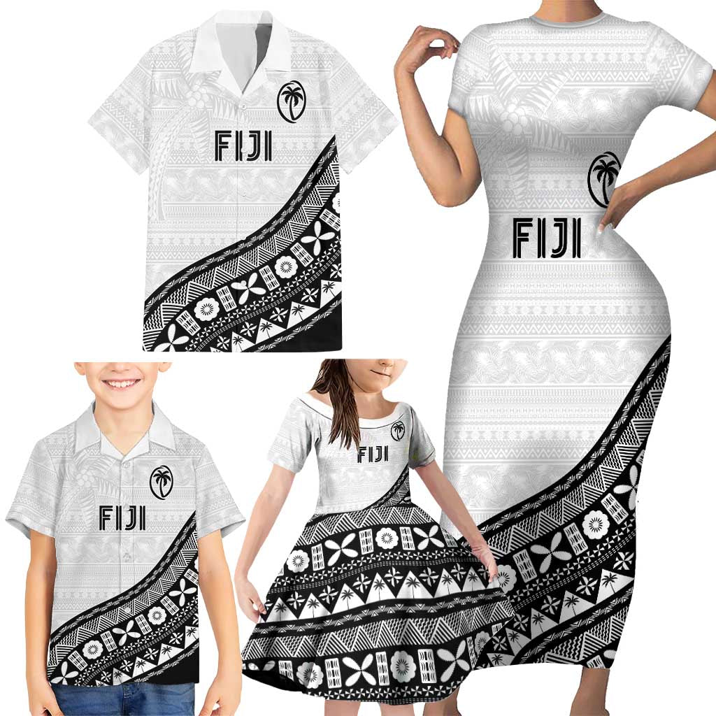Custom Fijian Rugby Family Matching Short Sleeve Bodycon Dress and Hawaiian Shirt Tapa Pattern and Palm Tree Tribal