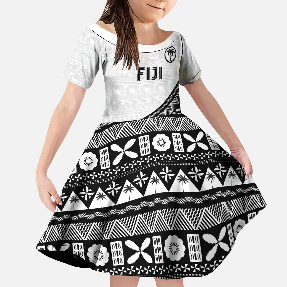 Custom Fijian Rugby Kid Short Sleeve Dress Tapa Pattern and Palm Tree Tribal