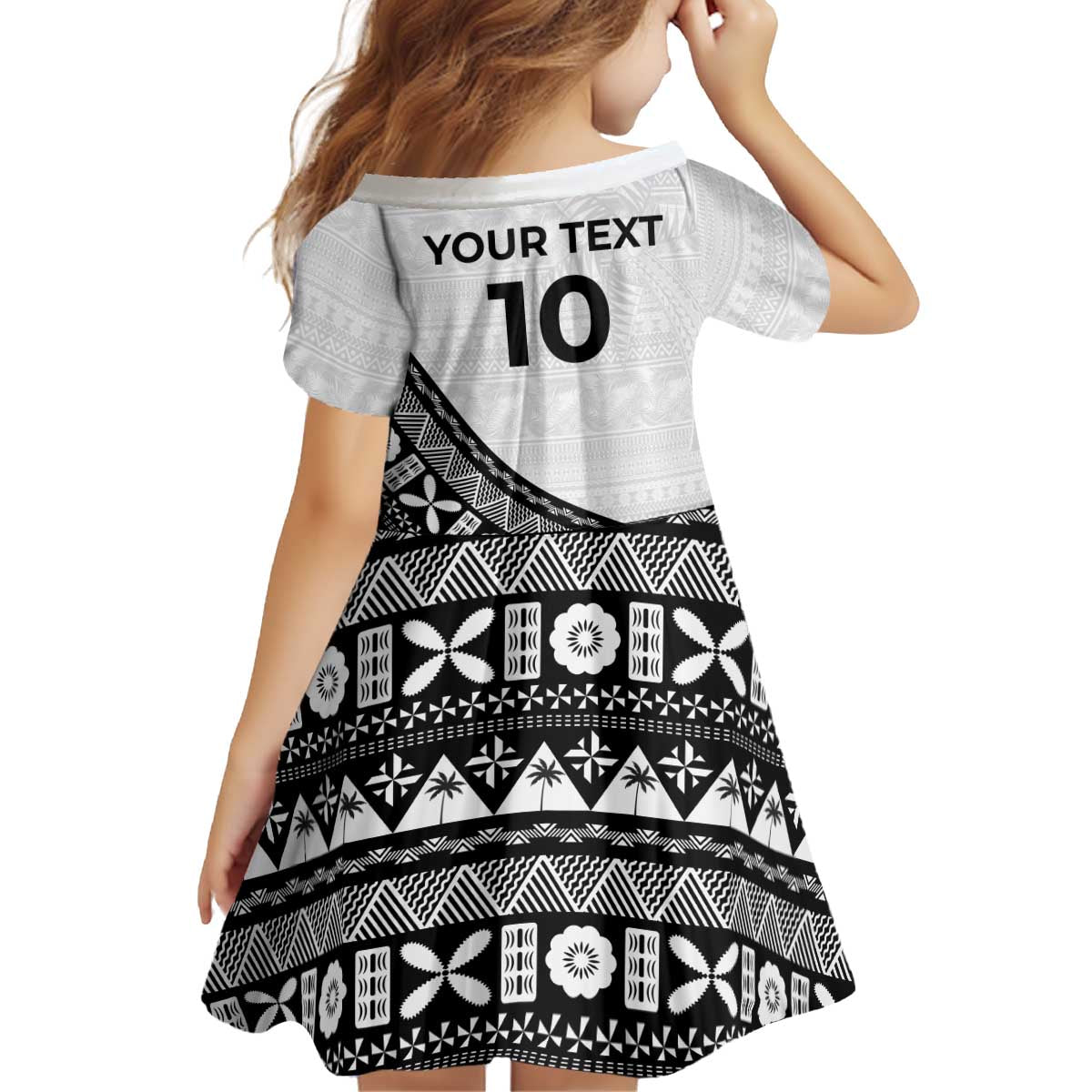 Custom Fijian Rugby Kid Short Sleeve Dress Tapa Pattern and Palm Tree Tribal