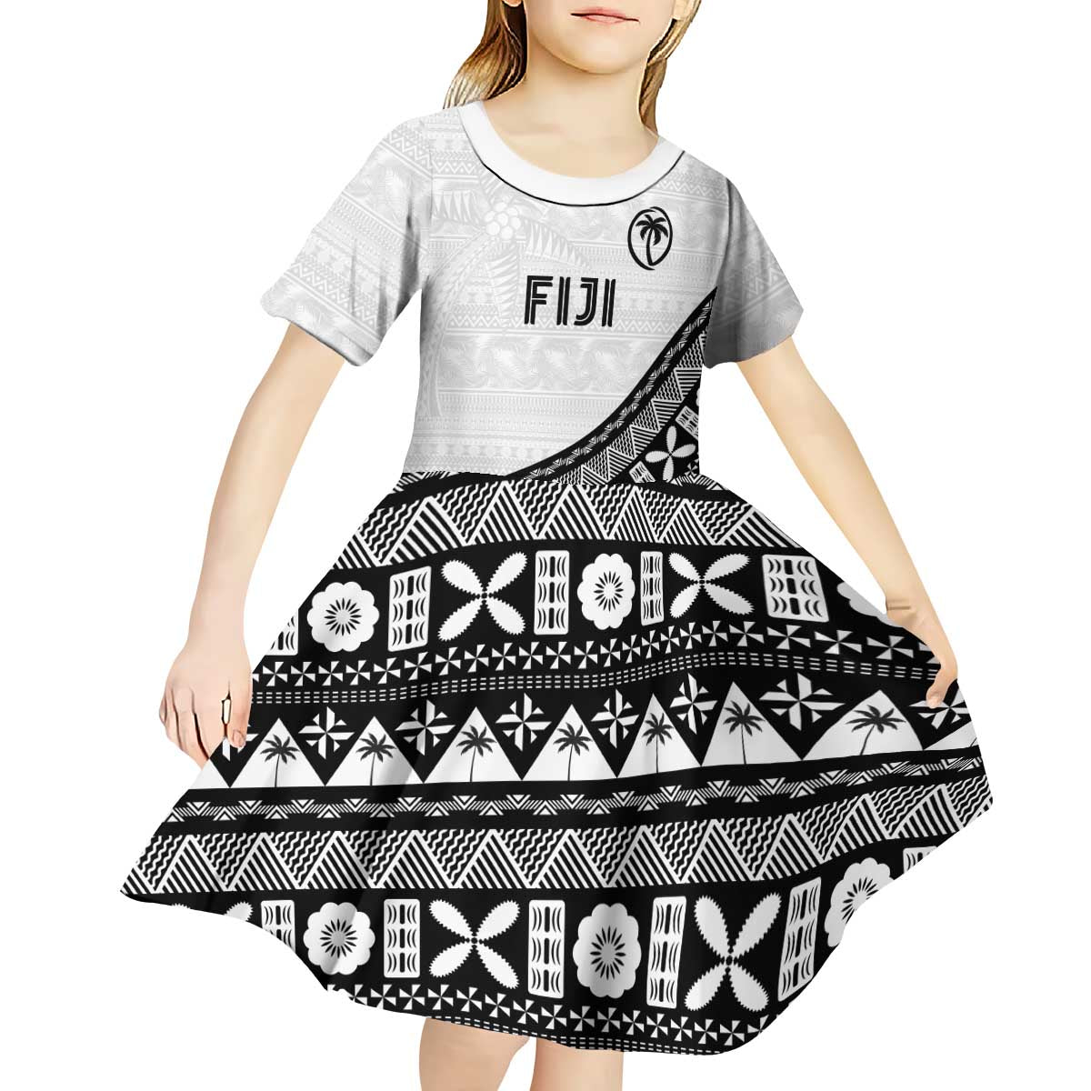 Custom Fijian Rugby Kid Short Sleeve Dress Tapa Pattern and Palm Tree Tribal