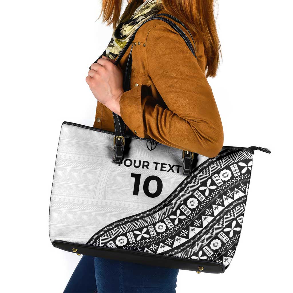 Custom Fijian Rugby Leather Tote Bag Tapa Pattern and Palm Tree Tribal