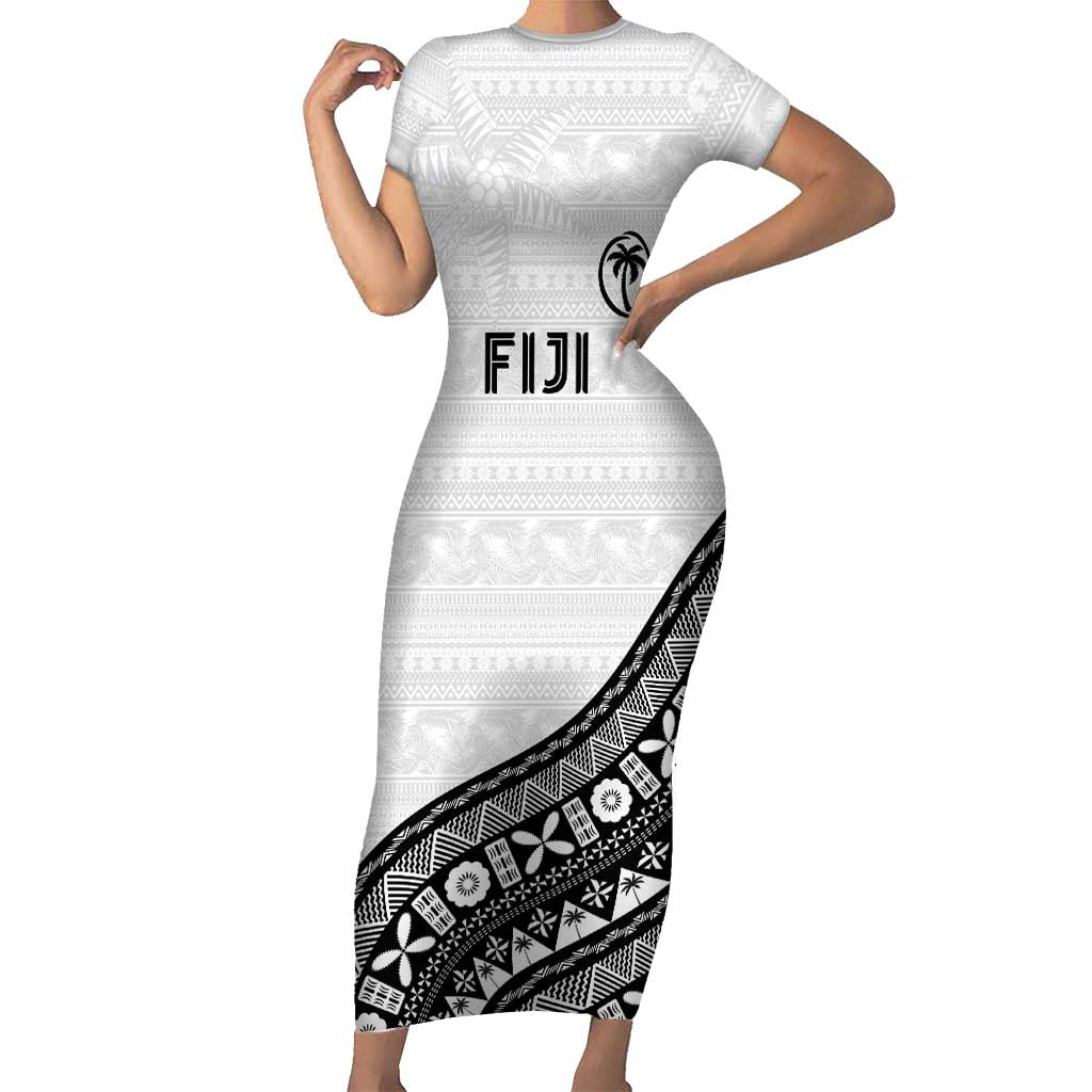 Custom Fijian Rugby Short Sleeve Bodycon Dress Tapa Pattern and Palm Tree Tribal