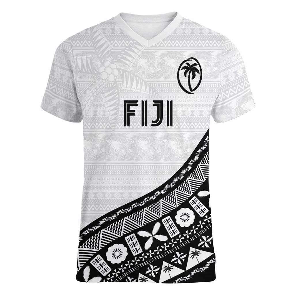 Custom Fijian Rugby Women V-Neck T-Shirt Tapa Pattern and Palm Tree Tribal