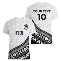 Custom Fijian Rugby Women V-Neck T-Shirt Tapa Pattern and Palm Tree Tribal