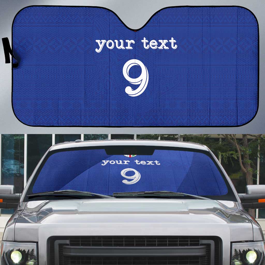 Custom Fijian Football Auto Sun Shade Tapa Pattern and Shark Tribal LT03 Blue - Polynesian Pride