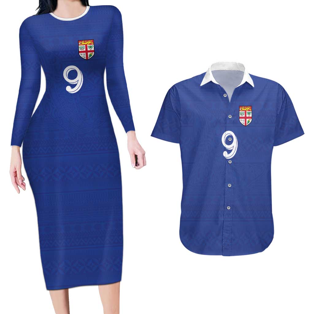 Custom Fijian Football Couples Matching Long Sleeve Bodycon Dress and Hawaiian Shirt Tapa Pattern and Shark Tribal