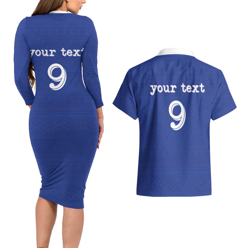 Custom Fijian Football Couples Matching Long Sleeve Bodycon Dress and Hawaiian Shirt Tapa Pattern and Shark Tribal