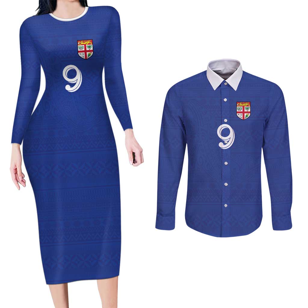 Custom Fijian Football Couples Matching Long Sleeve Bodycon Dress and Long Sleeve Button Shirt Tapa Pattern and Shark Tribal