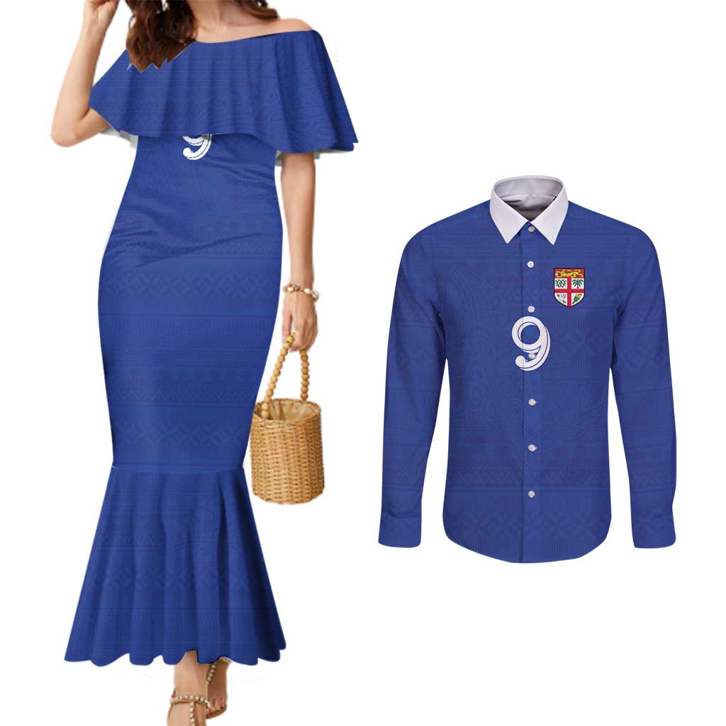 Custom Fijian Football Couples Matching Mermaid Dress and Long Sleeve Button Shirt Tapa Pattern and Shark Tribal