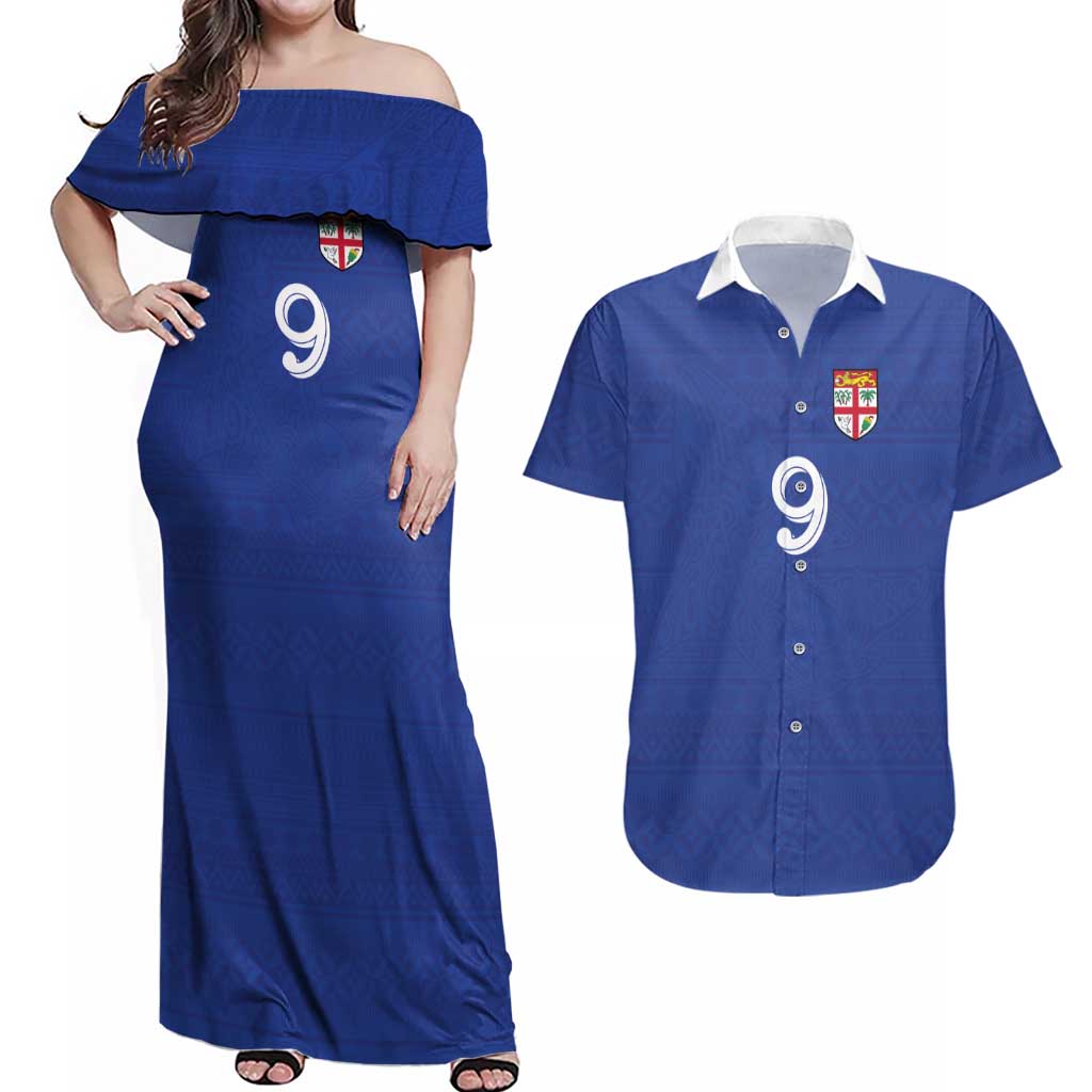 Custom Fijian Football Couples Matching Off Shoulder Maxi Dress and Hawaiian Shirt Tapa Pattern and Shark Tribal