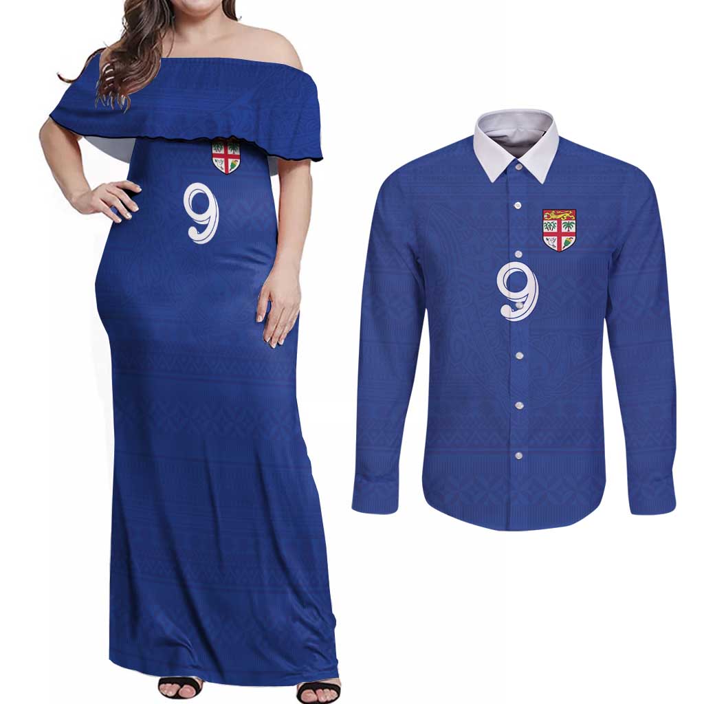 Custom Fijian Football Couples Matching Off Shoulder Maxi Dress and Long Sleeve Button Shirt Tapa Pattern and Shark Tribal