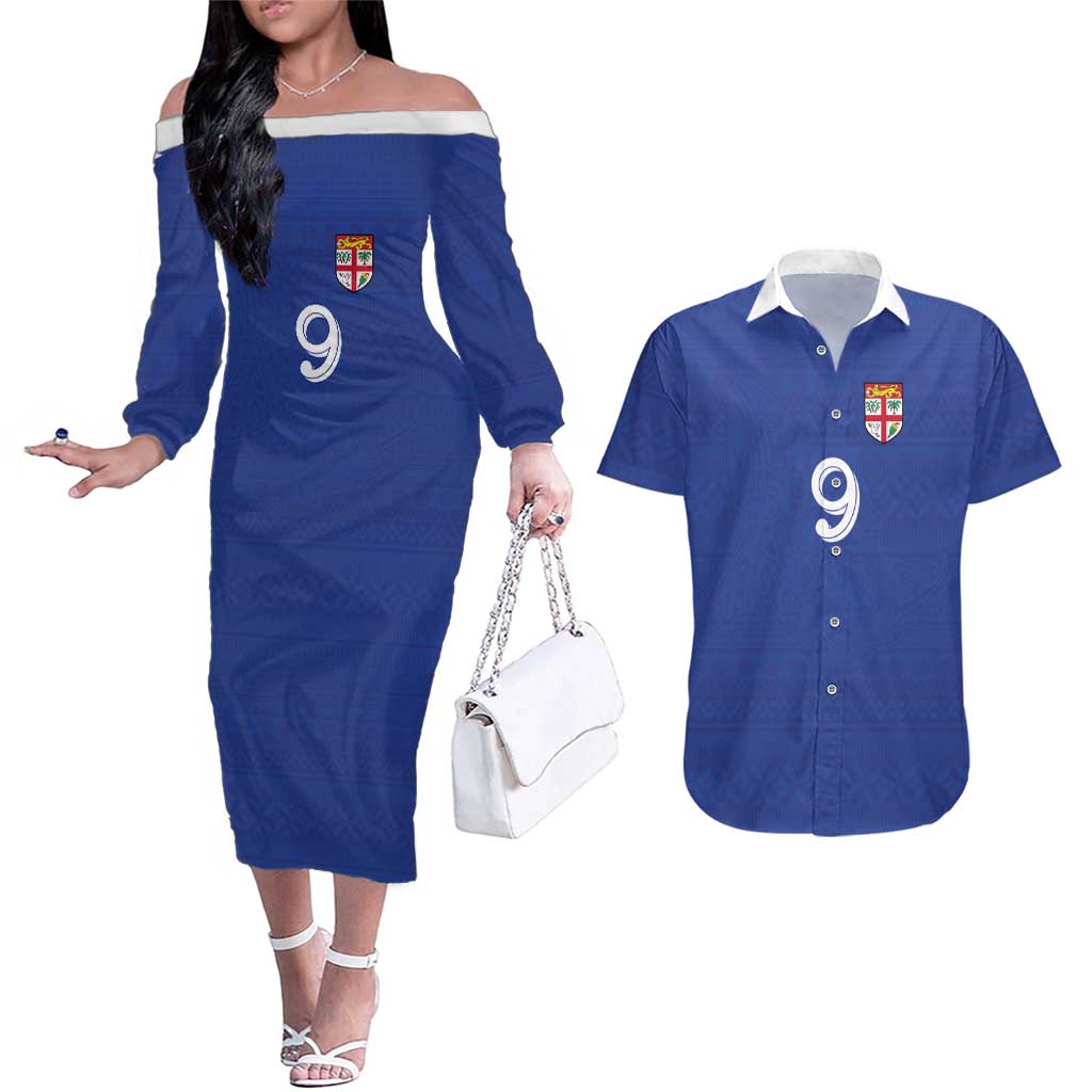 Custom Fijian Football Couples Matching Off The Shoulder Long Sleeve Dress and Hawaiian Shirt Tapa Pattern and Shark Tribal