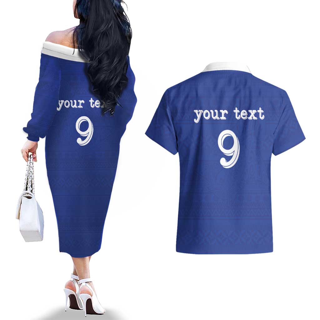 Custom Fijian Football Couples Matching Off The Shoulder Long Sleeve Dress and Hawaiian Shirt Tapa Pattern and Shark Tribal