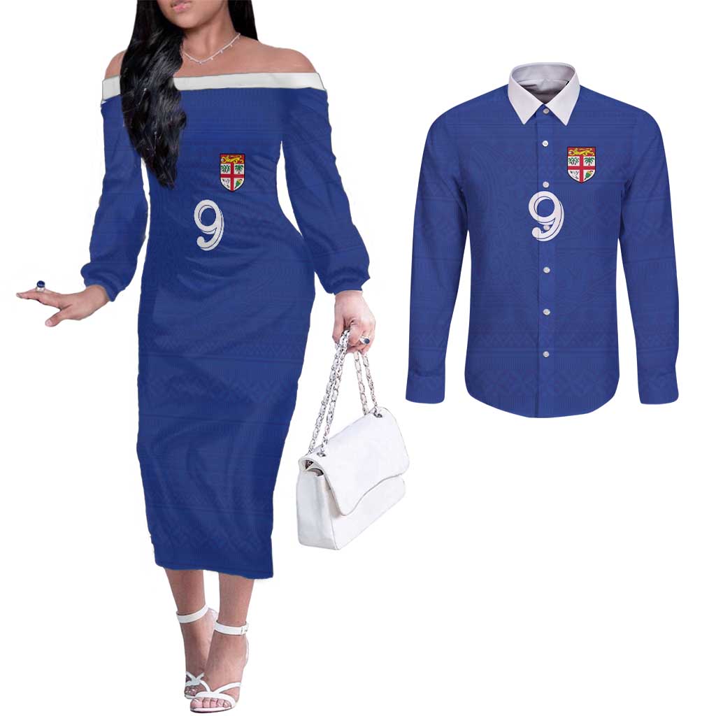 Custom Fijian Football Couples Matching Off The Shoulder Long Sleeve Dress and Long Sleeve Button Shirt Tapa Pattern and Shark Tribal