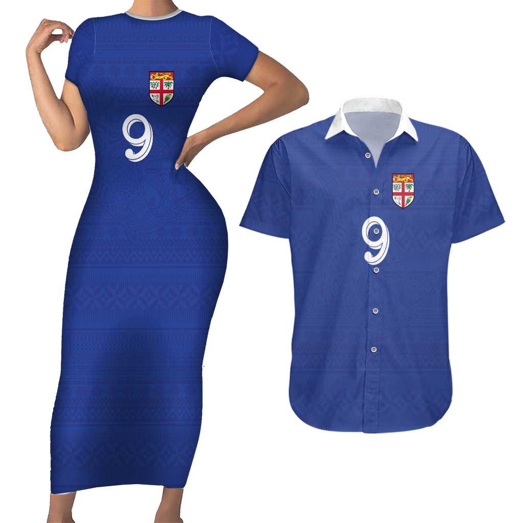 Custom Fijian Football Couples Matching Short Sleeve Bodycon Dress and Hawaiian Shirt Tapa Pattern and Shark Tribal