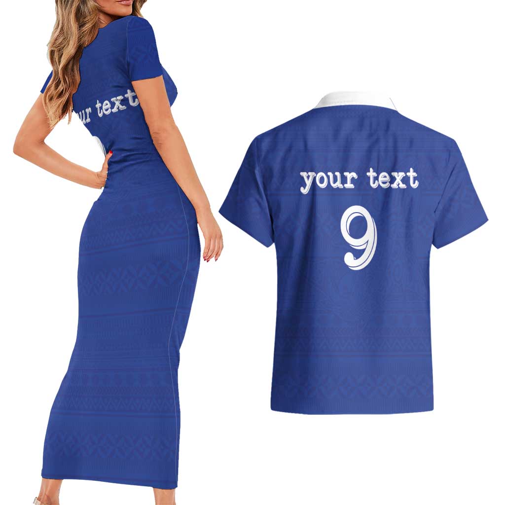 Custom Fijian Football Couples Matching Short Sleeve Bodycon Dress and Hawaiian Shirt Tapa Pattern and Shark Tribal