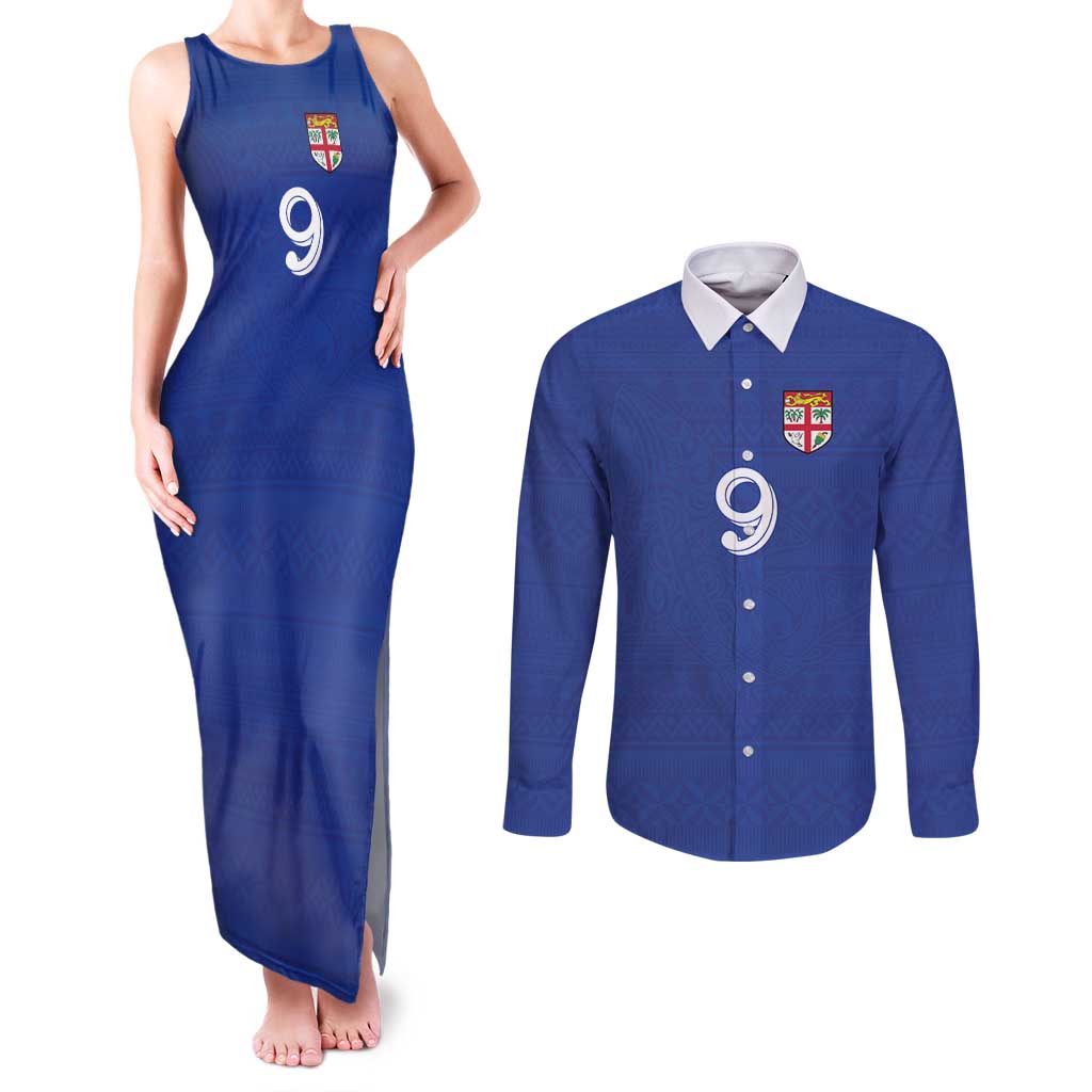 Custom Fijian Football Couples Matching Tank Maxi Dress and Long Sleeve Button Shirt Tapa Pattern and Shark Tribal