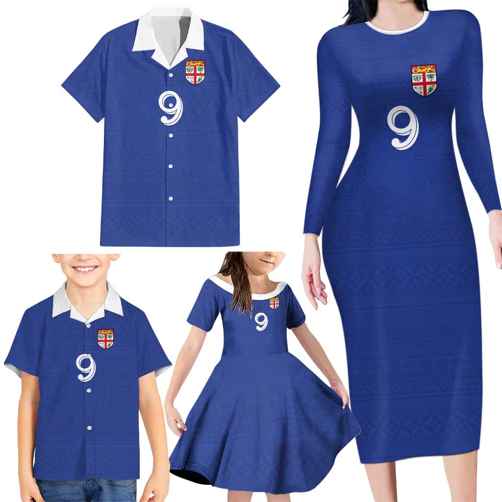Custom Fijian Football Family Matching Long Sleeve Bodycon Dress and Hawaiian Shirt Tapa Pattern and Shark Tribal