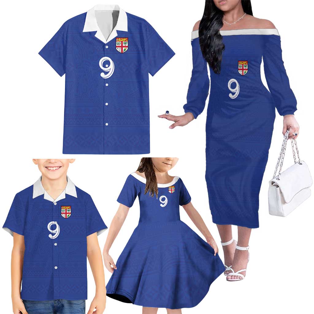 Custom Fijian Football Family Matching Off The Shoulder Long Sleeve Dress and Hawaiian Shirt Tapa Pattern and Shark Tribal