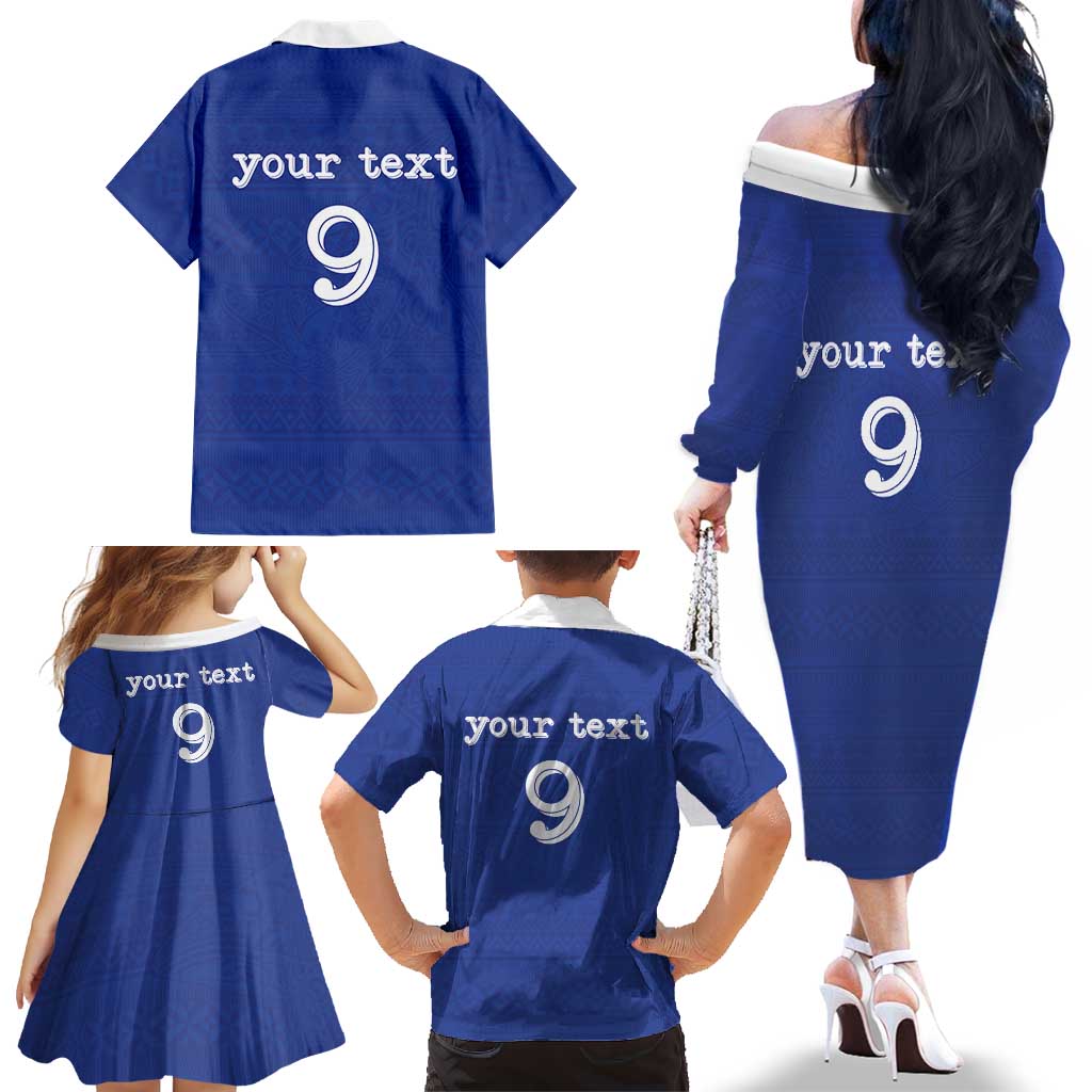 Custom Fijian Football Family Matching Off The Shoulder Long Sleeve Dress and Hawaiian Shirt Tapa Pattern and Shark Tribal
