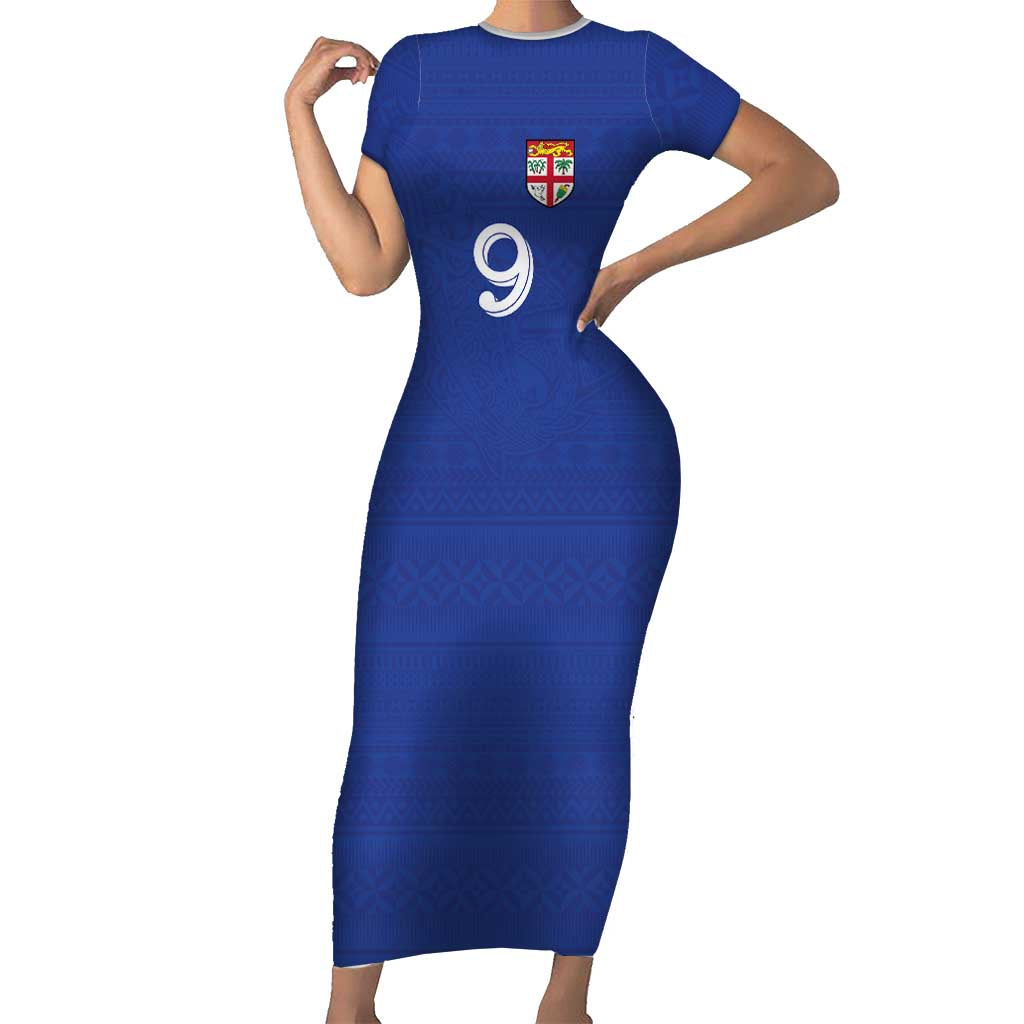Custom Fijian Football Short Sleeve Bodycon Dress Tapa Pattern and Shark Tribal