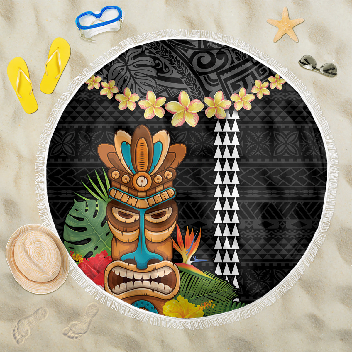 Hawaii Plumeria Lei Beach Blanket Tiki and Kakau Pattern Black Color