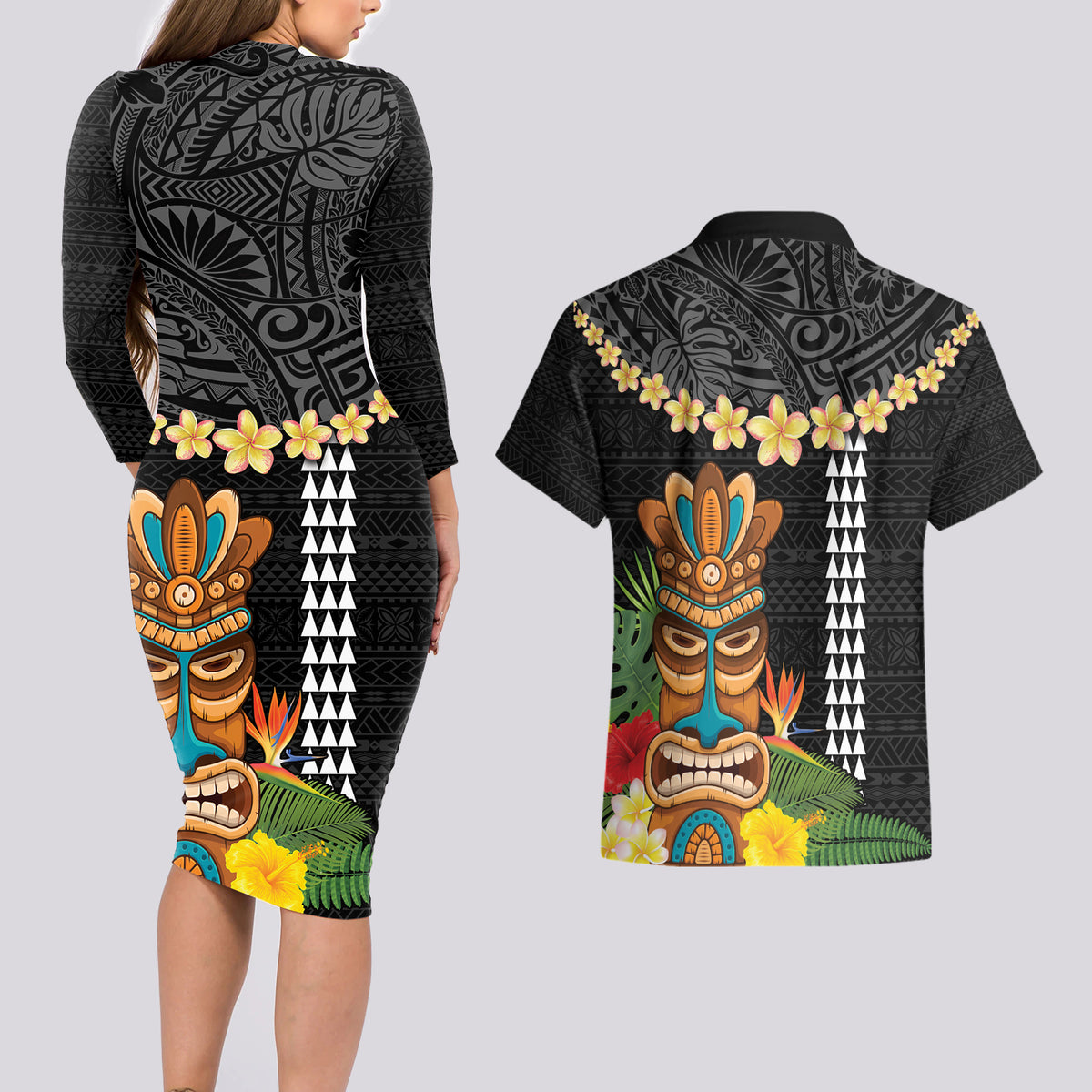 Hawaii Plumeria Lei Couples Matching Long Sleeve Bodycon Dress and Hawaiian Shirt Tiki and Kakau Pattern Black Color