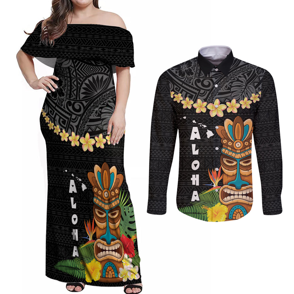 Hawaii Plumeria Lei Couples Matching Off Shoulder Maxi Dress and Long Sleeve Button Shirt Tiki and Kakau Pattern Black Color