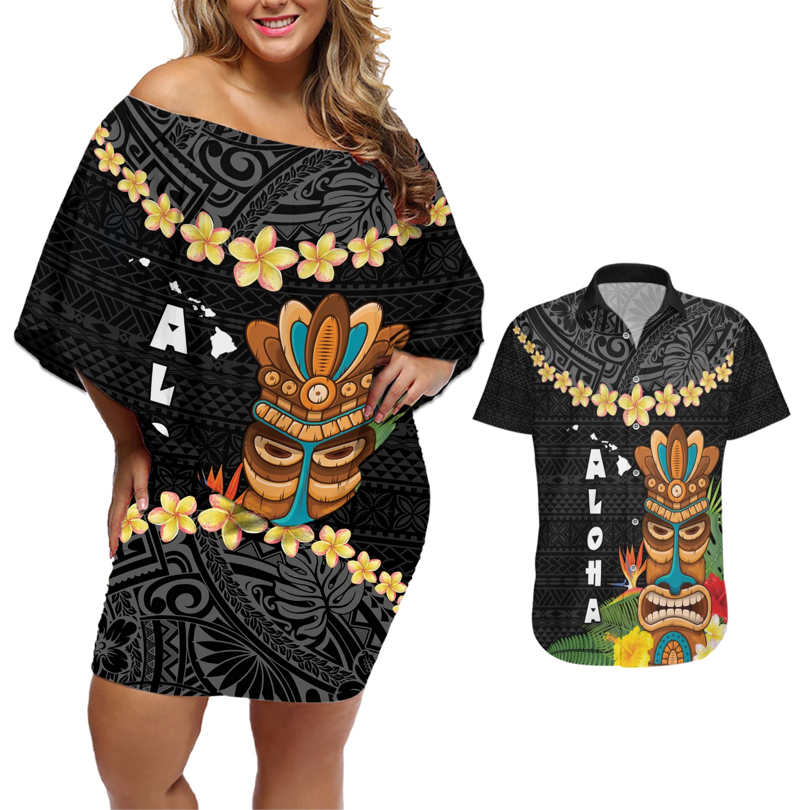 Hawaii Plumeria Lei Couples Matching Off Shoulder Short Dress and Hawaiian Shirt Tiki and Kakau Pattern Black Color