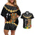 Hawaii Plumeria Lei Couples Matching Off Shoulder Short Dress and Hawaiian Shirt Tiki and Kakau Pattern Black Color