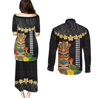 Hawaii Plumeria Lei Couples Matching Puletasi and Long Sleeve Button Shirt Tiki and Kakau Pattern Black Color