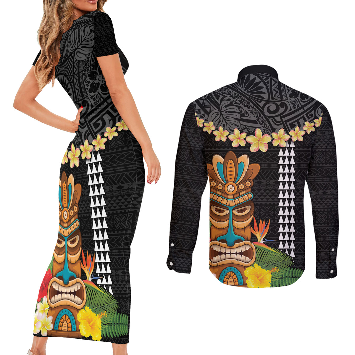 Hawaii Plumeria Lei Couples Matching Short Sleeve Bodycon Dress and Long Sleeve Button Shirt Tiki and Kakau Pattern Black Color