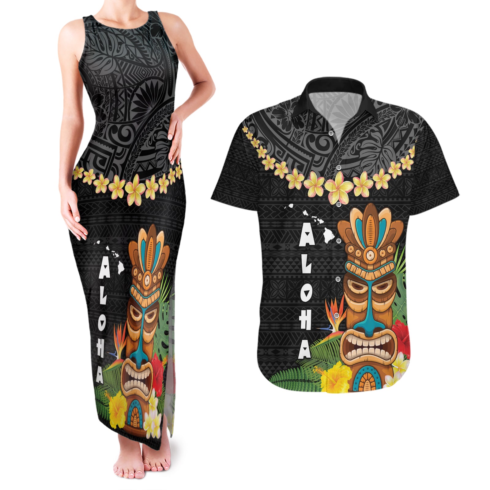 Hawaii Plumeria Lei Couples Matching Tank Maxi Dress and Hawaiian Shirt Tiki and Kakau Pattern Black Color
