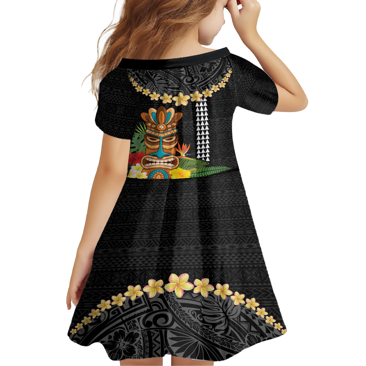 Hawaii Plumeria Lei Family Matching Long Sleeve Bodycon Dress and Hawaiian Shirt Tiki and Kakau Pattern Black Color