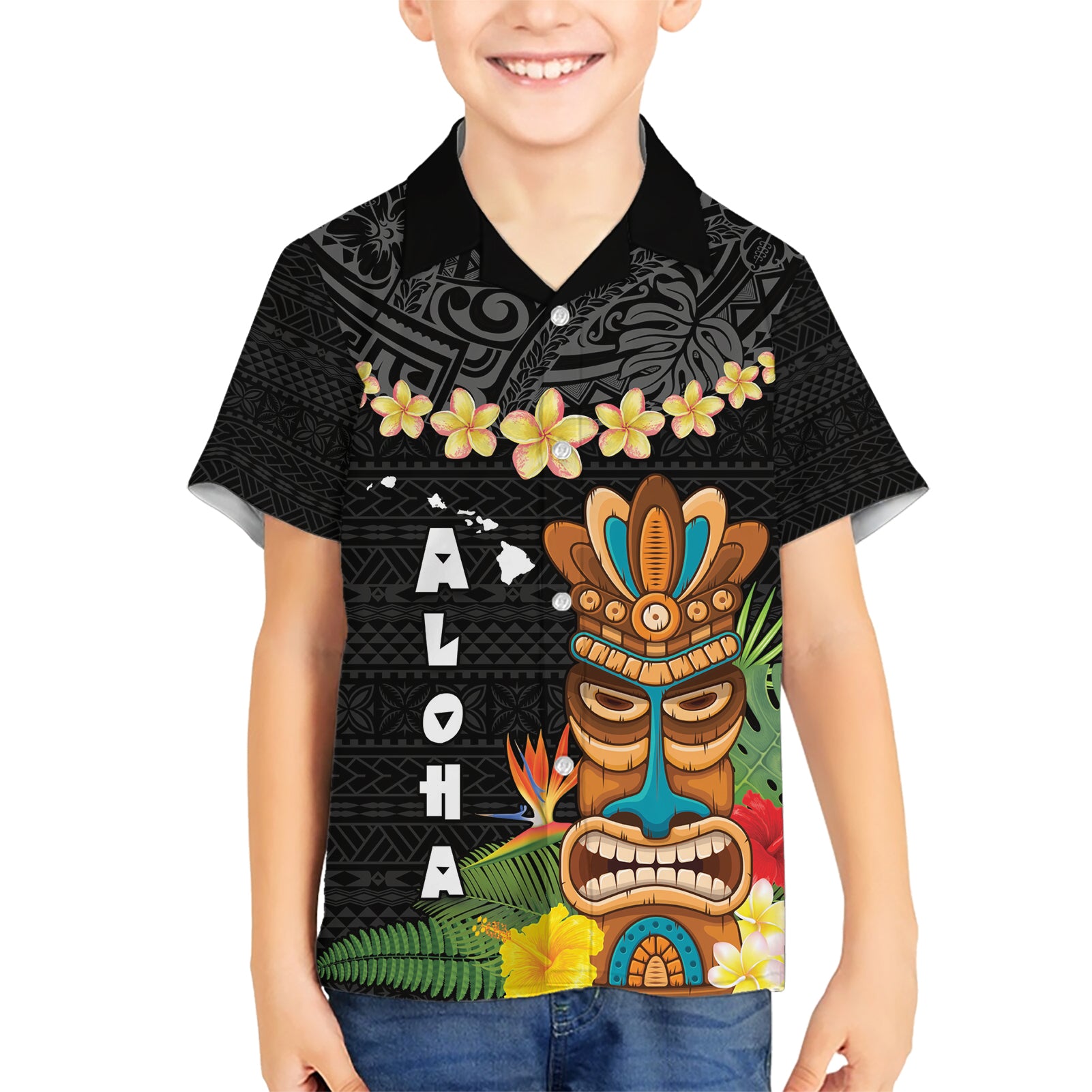 Hawaii Plumeria Lei Kid Hawaiian Shirt Tiki and Kakau Pattern Black Color