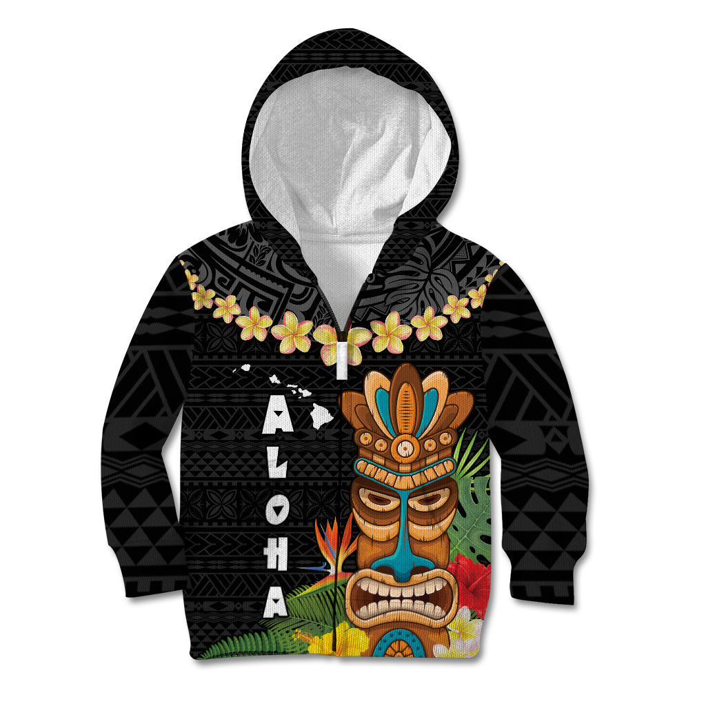 Hawaii Plumeria Lei Kid Hoodie Tiki and Kakau Pattern Black Color