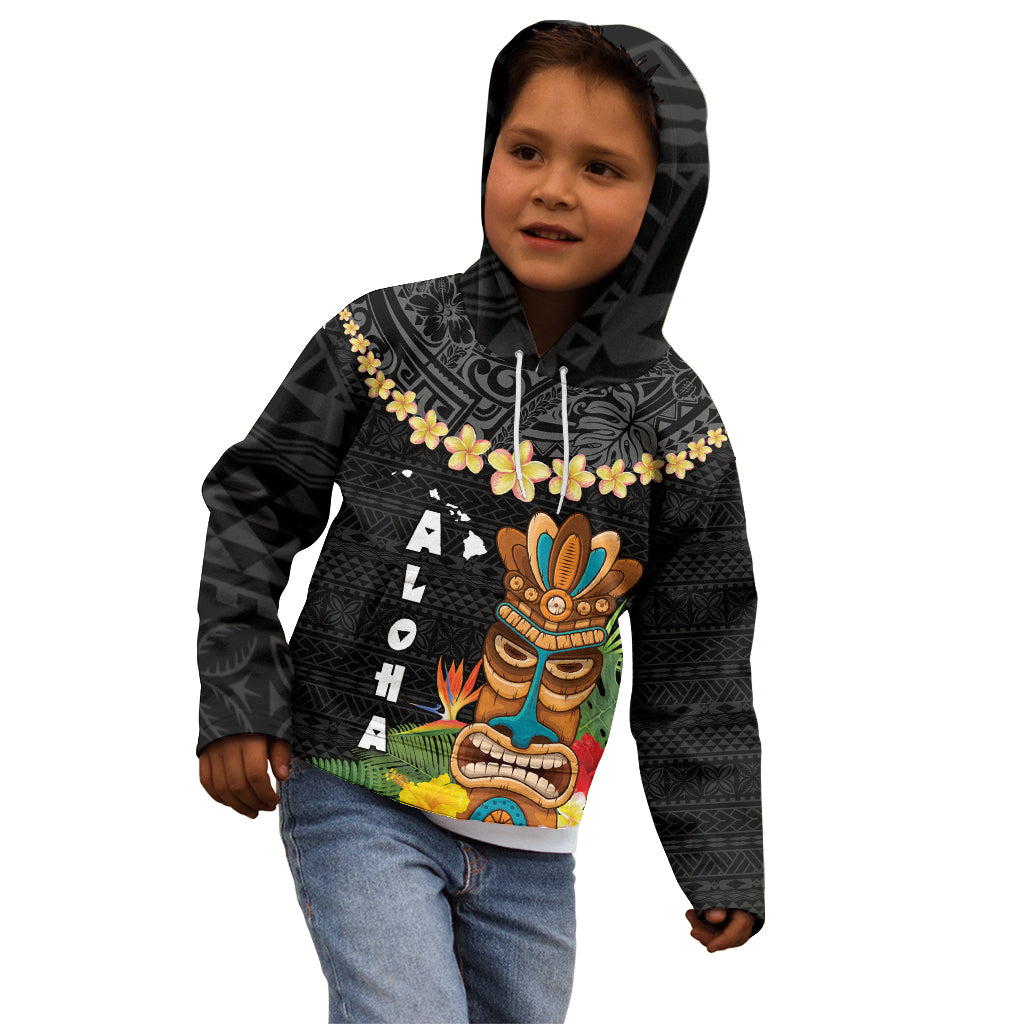 Hawaii Plumeria Lei Kid Hoodie Tiki and Kakau Pattern Black Color