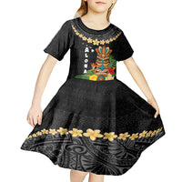 Hawaii Plumeria Lei Kid Short Sleeve Dress Tiki and Kakau Pattern Black Color