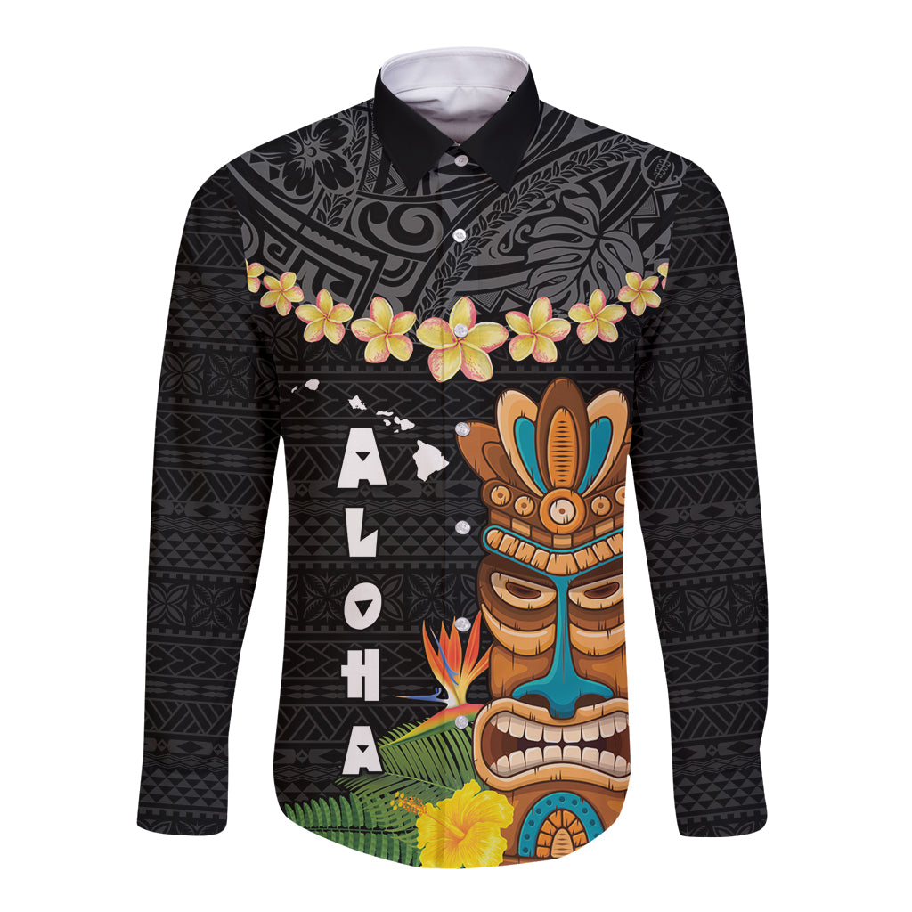 Hawaii Plumeria Lei Long Sleeve Button Shirt Tiki and Kakau Pattern Black Color