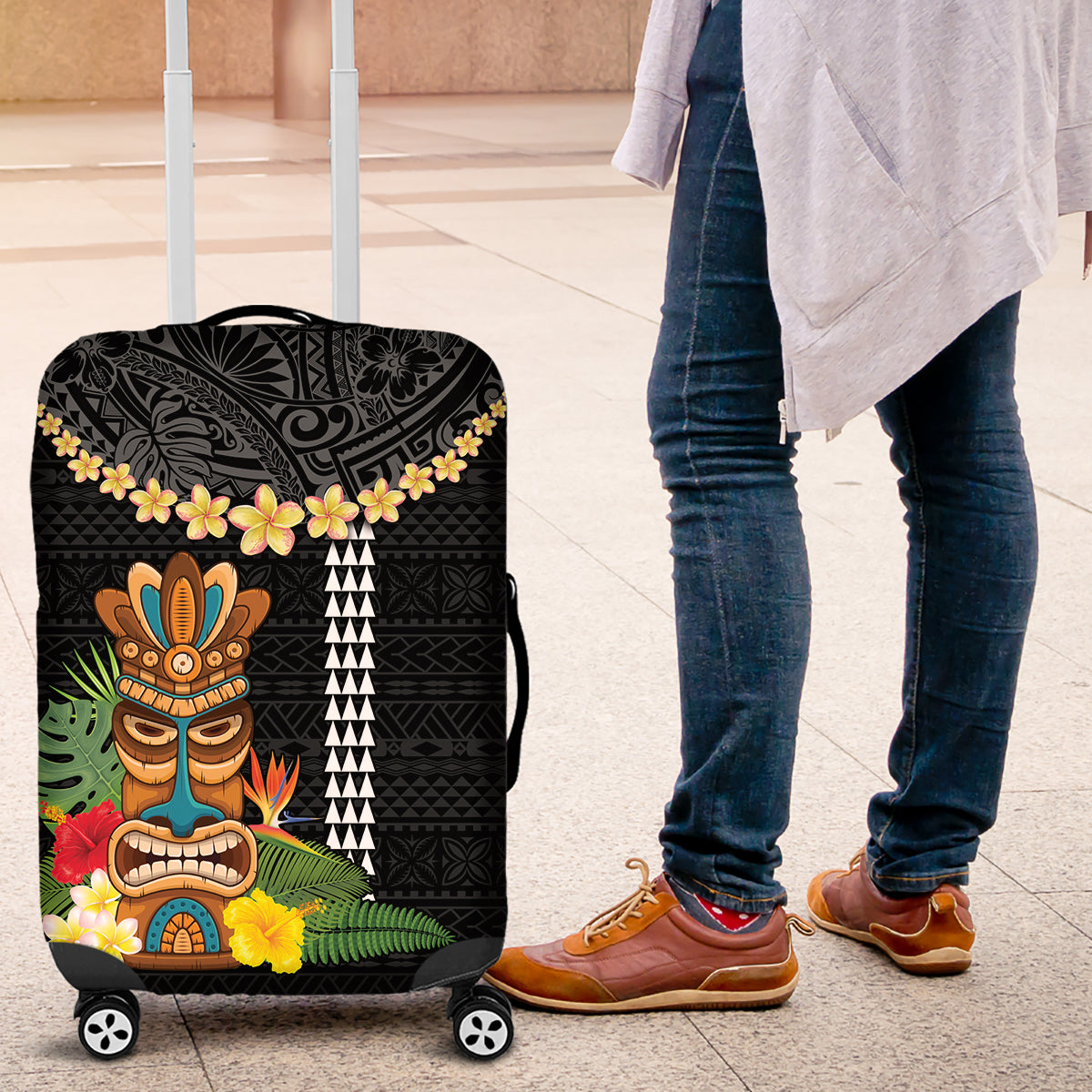 Hawaii Plumeria Lei Luggage Cover Tiki and Kakau Pattern Black Color